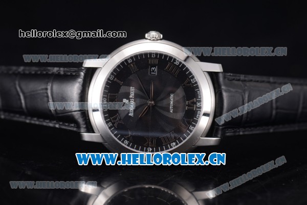 Audemars Piguet Jules Audemars Clone AP Calibre 3120 Automatic Steel Case with Black Dial Roman Numeral Markers and Black Leather Strap (EF) - Click Image to Close